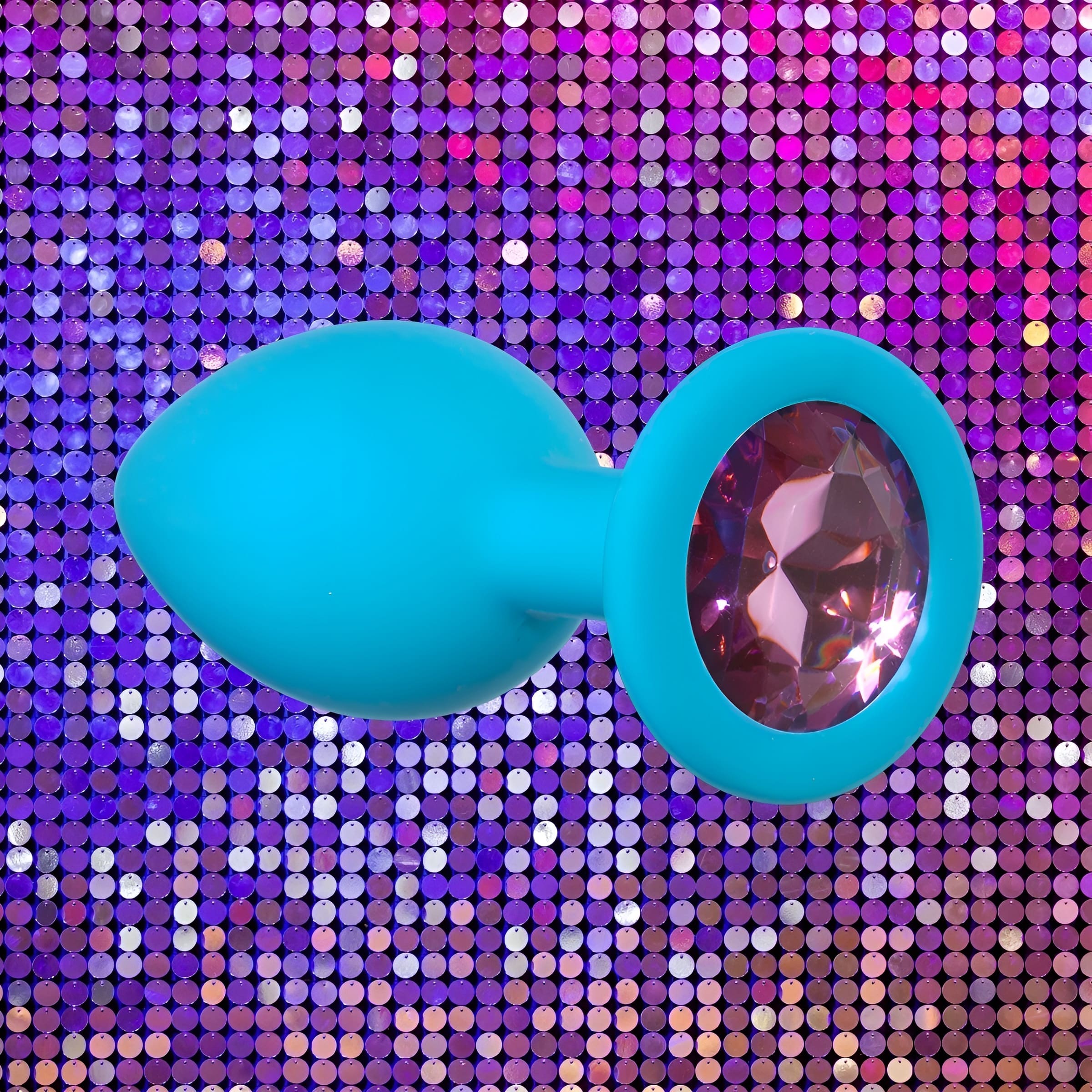 Голубая анальная пробка Cutie Small с розовым кристаллом - 7,5 см.