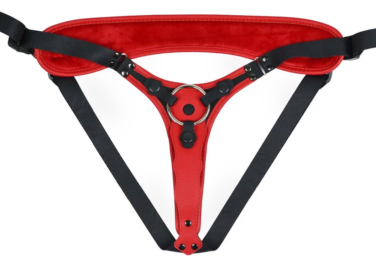 Красно-черный женский пояс с 2 способами крепления насадок и вагинальной пробкой